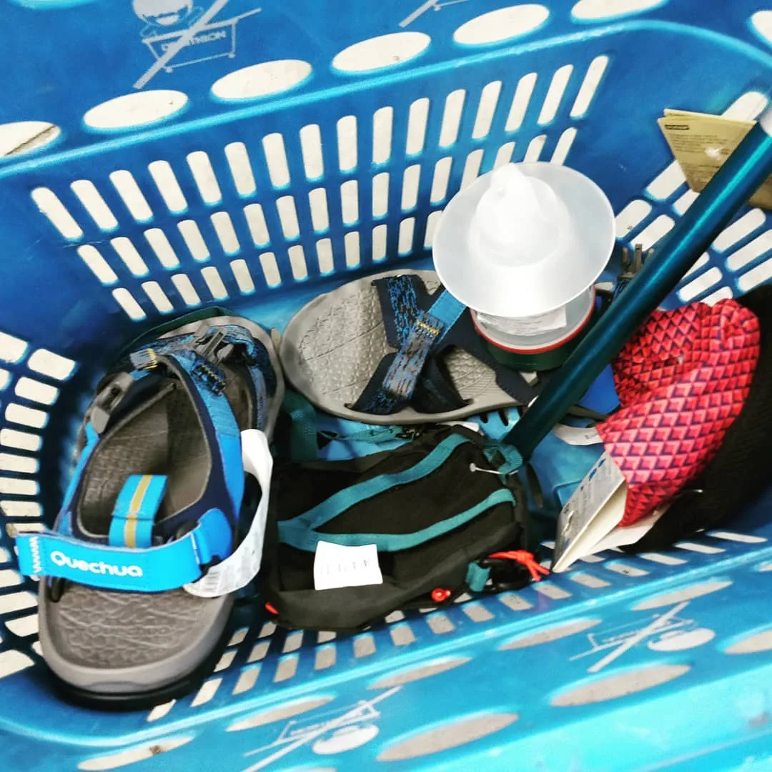 Last minute shopping to pick up some gear. Sandals 👟 . Walking stick. Camp light 💡. Bum pack. Caps 🧢 and bandanas. A couple of shirts for the kids to spray paint 🙄