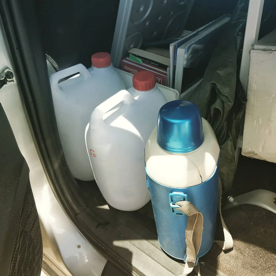 We haven't bought any packaged water since we started. We have been refilling our bottles and managing with that. On the way up to Tabo we have purchased two 5L jerry cans as backu