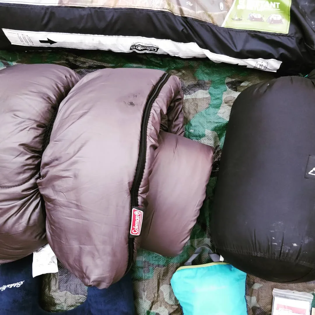 The red ones are our trusted #sleepingbag s. I think they'll hold up in #Kaza's cold. The second pic is of our spare sleeping bags. They'll probably end up as spreads over our matt