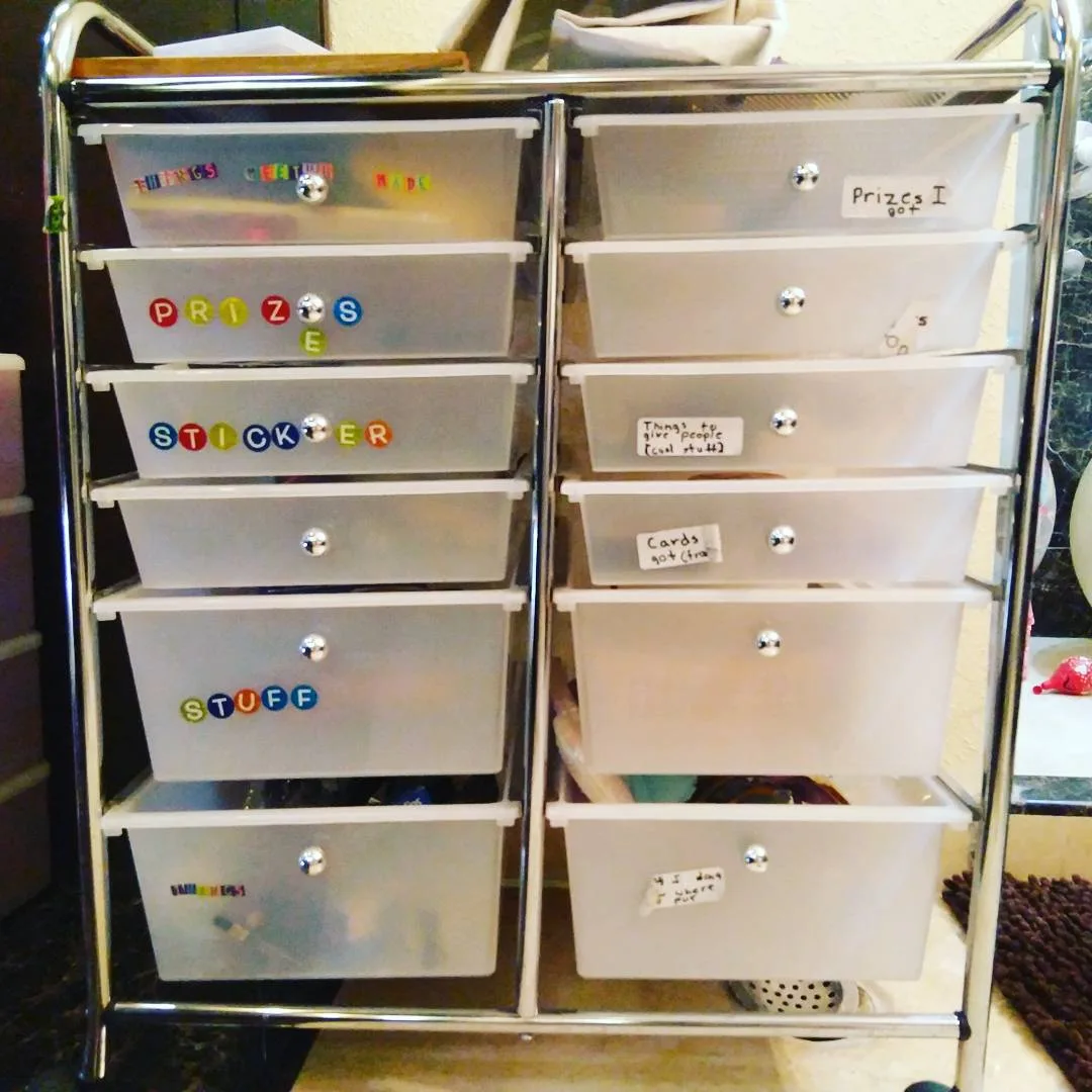 My niece's drawer cabinet. Zoom in for lovely labels such as "cool stuff to give people" and "things I won".
