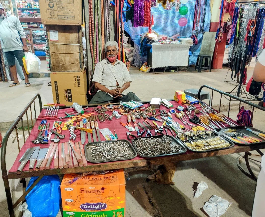 This gentleman owns a tools stall in Mapusa Municipal Market. Doesn't have a lot of stock like the big shops, but he had one each of every conceivable tool. A man's man.