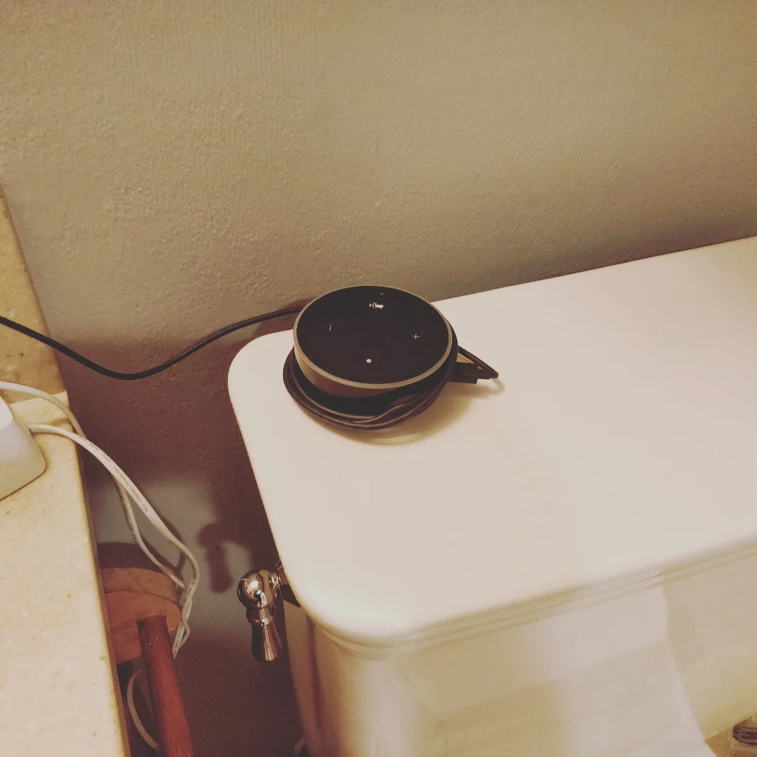 How normal people approach the presence of an Amazon Echo in a bathroom: "Oh, the house owners listen to music while showering. Good call 👍🏽" How I approach the situation: "That th