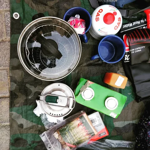 Here's a whole bunch of closeups of our gear. Safety stuff, backpacks, cooking stuff, pillows, umbrellas, etc. Are we mi