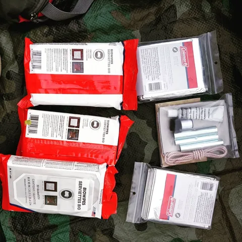 Here's a whole bunch of closeups of our gear. Safety stuff, backpacks, cooking stuff, pillows, umbrellas, etc. Are we mi